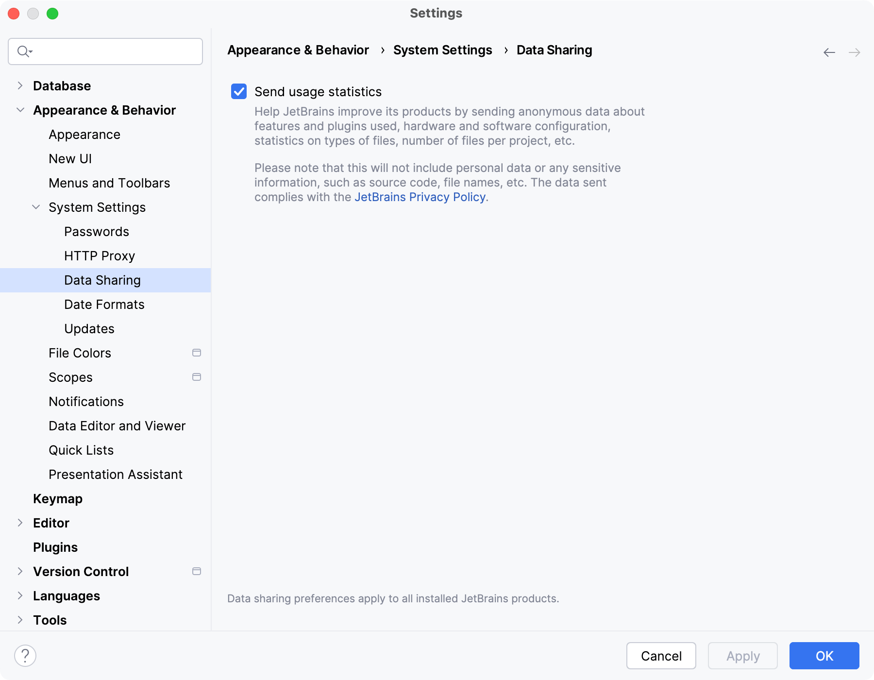 the Data Sharing dialog