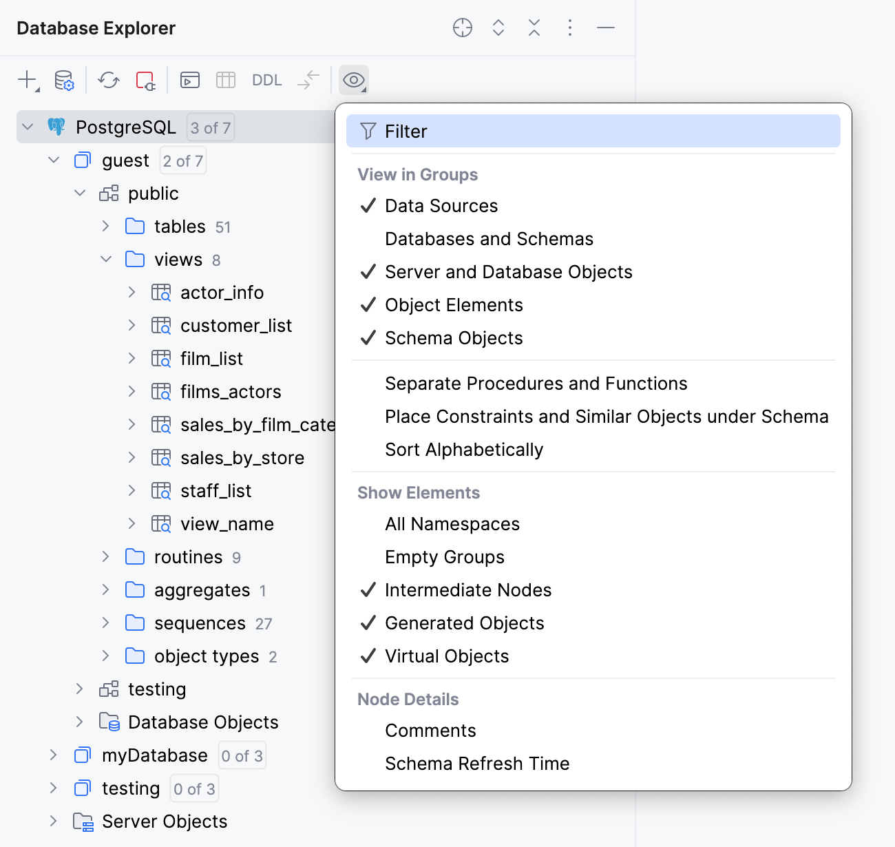 Database Explorer Options menu items