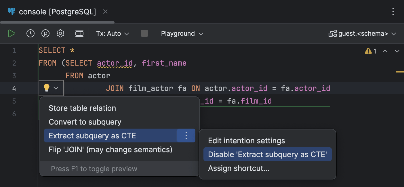 Intention actions datagrip documentation