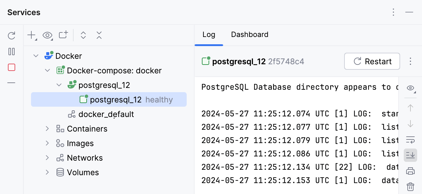 The Docker compose configuration in Services tool window