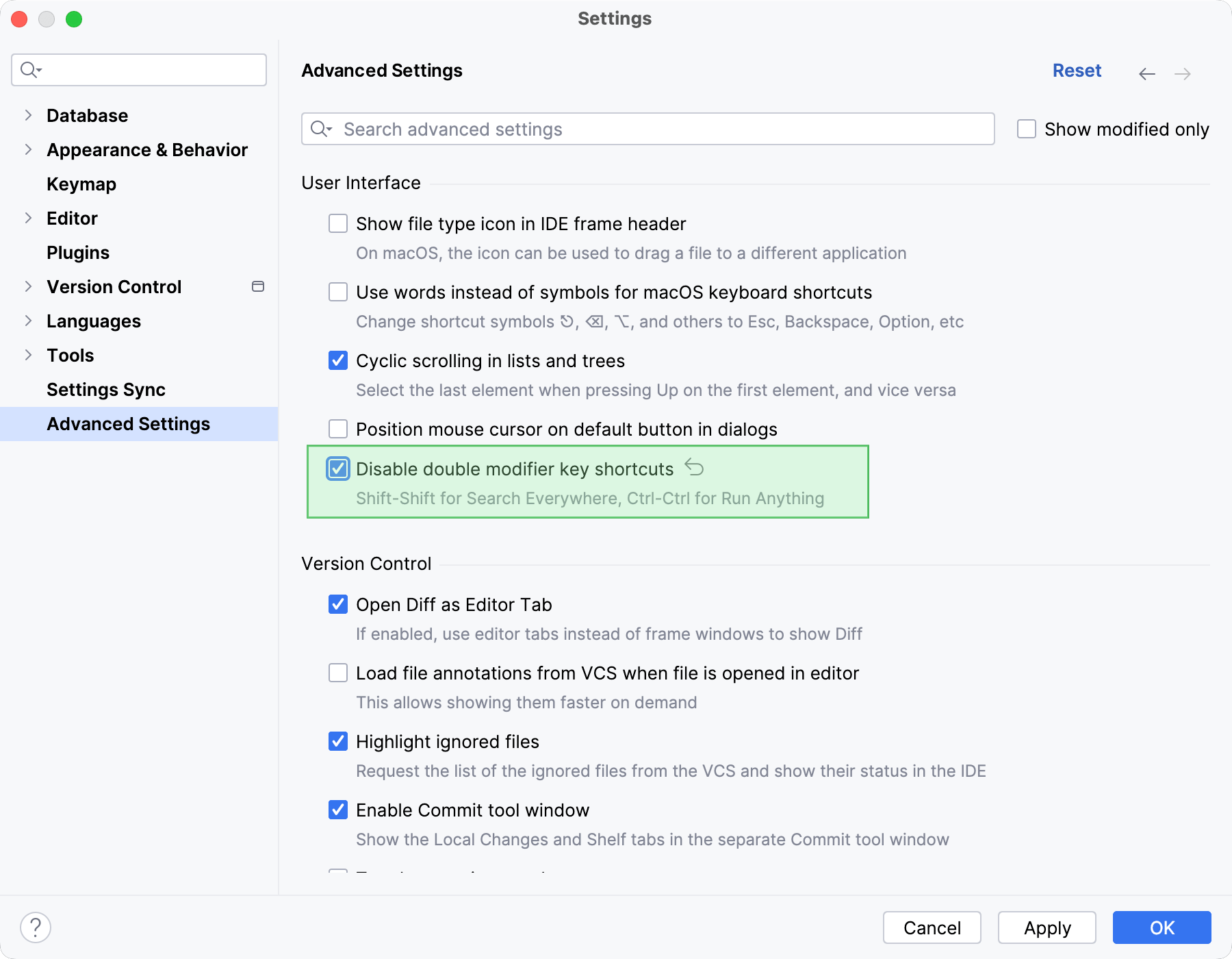 Disabling the double-key shortcuts