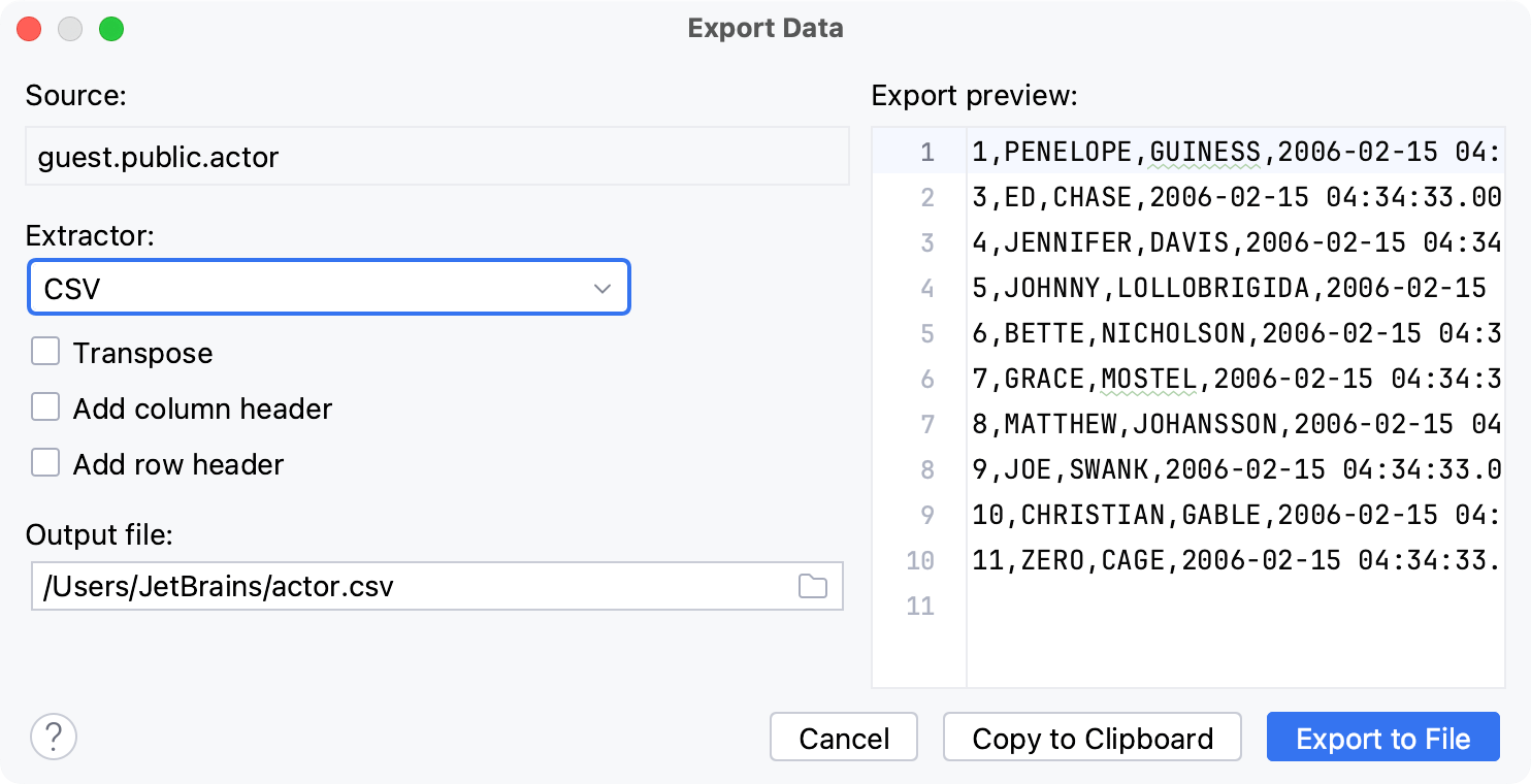 the Export Data dialog