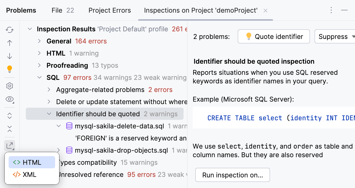The Export button in the Inspection Results tool window