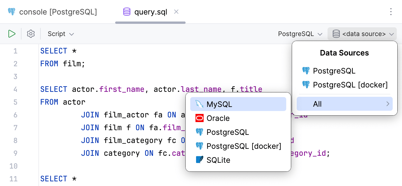 Data source list for am SQL file