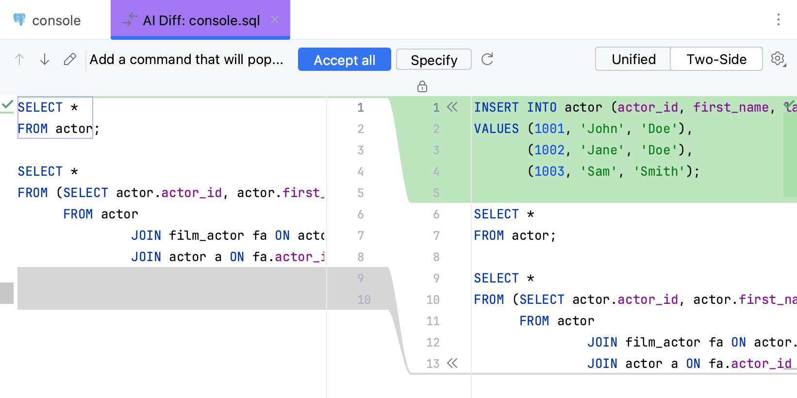 Generated code in diff tab