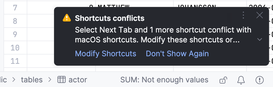 Notification on conflicting shortcuts