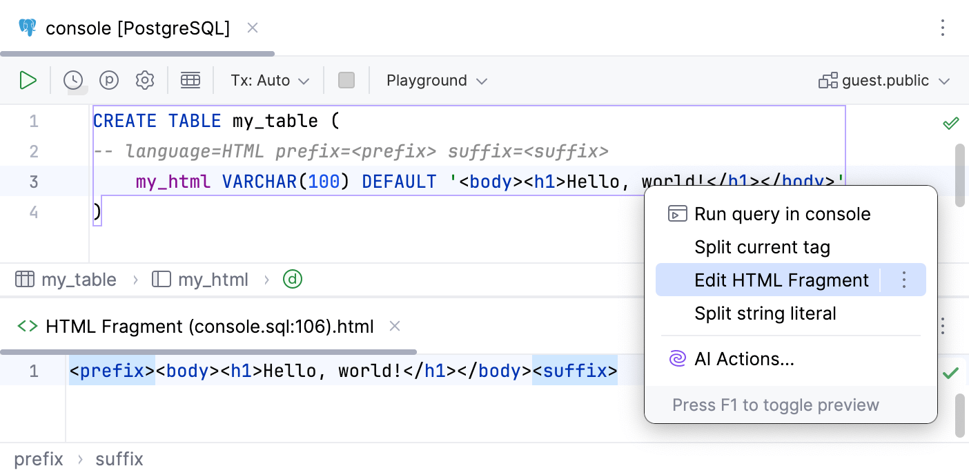Open a code fragment in the dedicated editor section