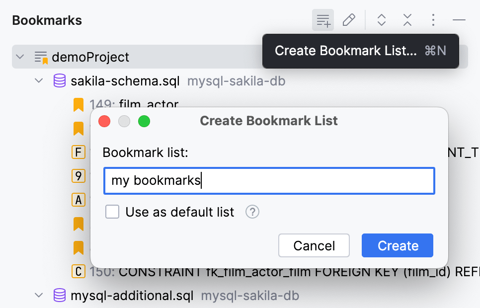 Creating new bookmark list