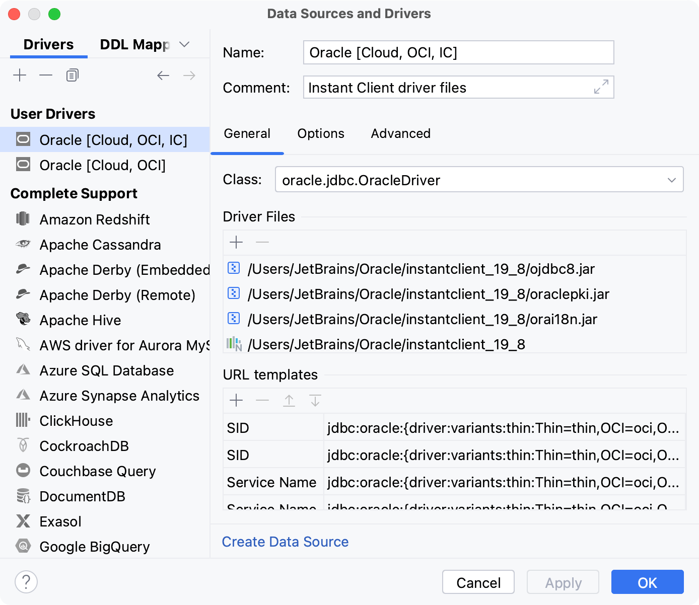 Driver files provided with the Instant CLient