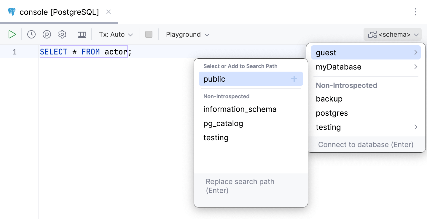 Select the default schema or database