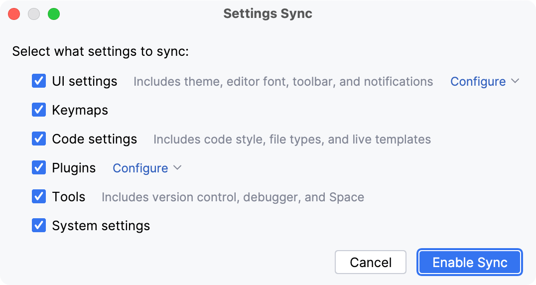 The Settings Sync window: no synced settings