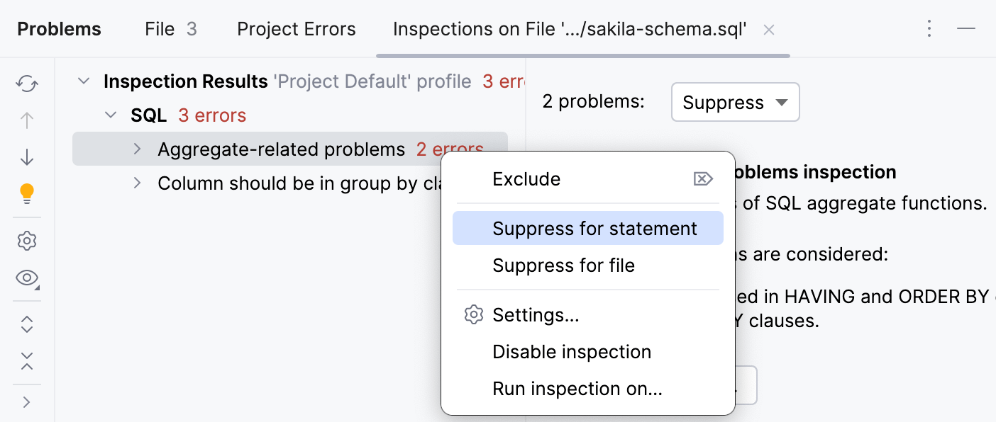 Suppressing inspection in the Inspection Results tool window