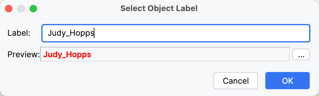 Configure label name and color in the Select Object Label dialog