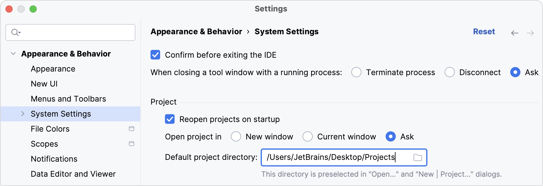 Changing the default location for projects