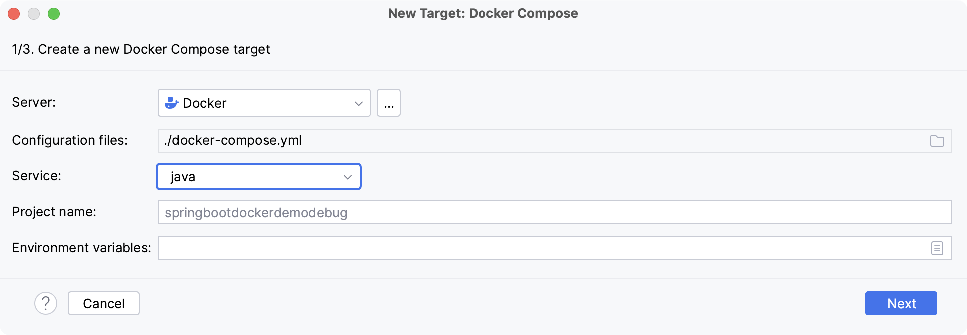 Add Docker Compose run target with Java service