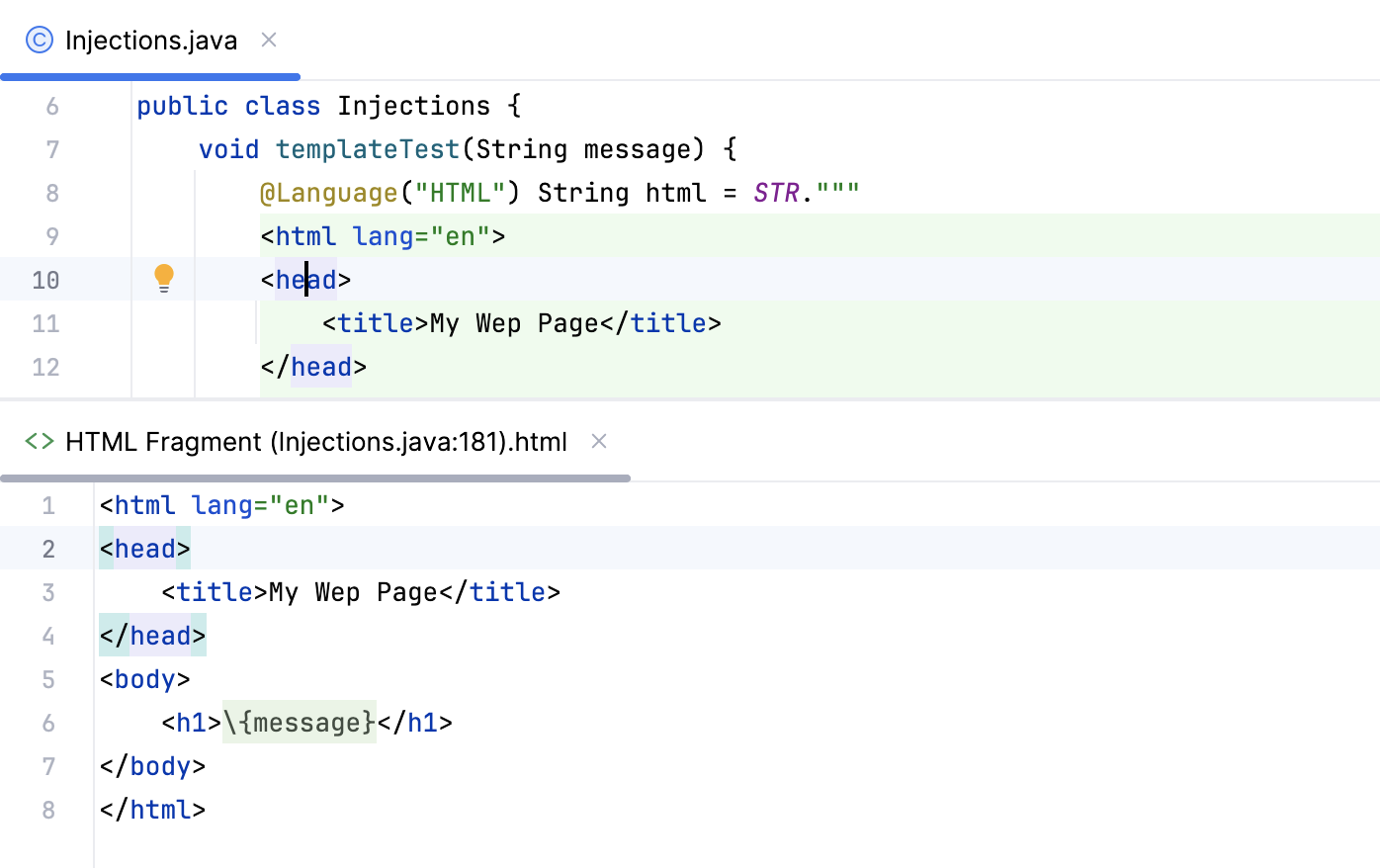 Editing the injected code fragment in the dedicated editor