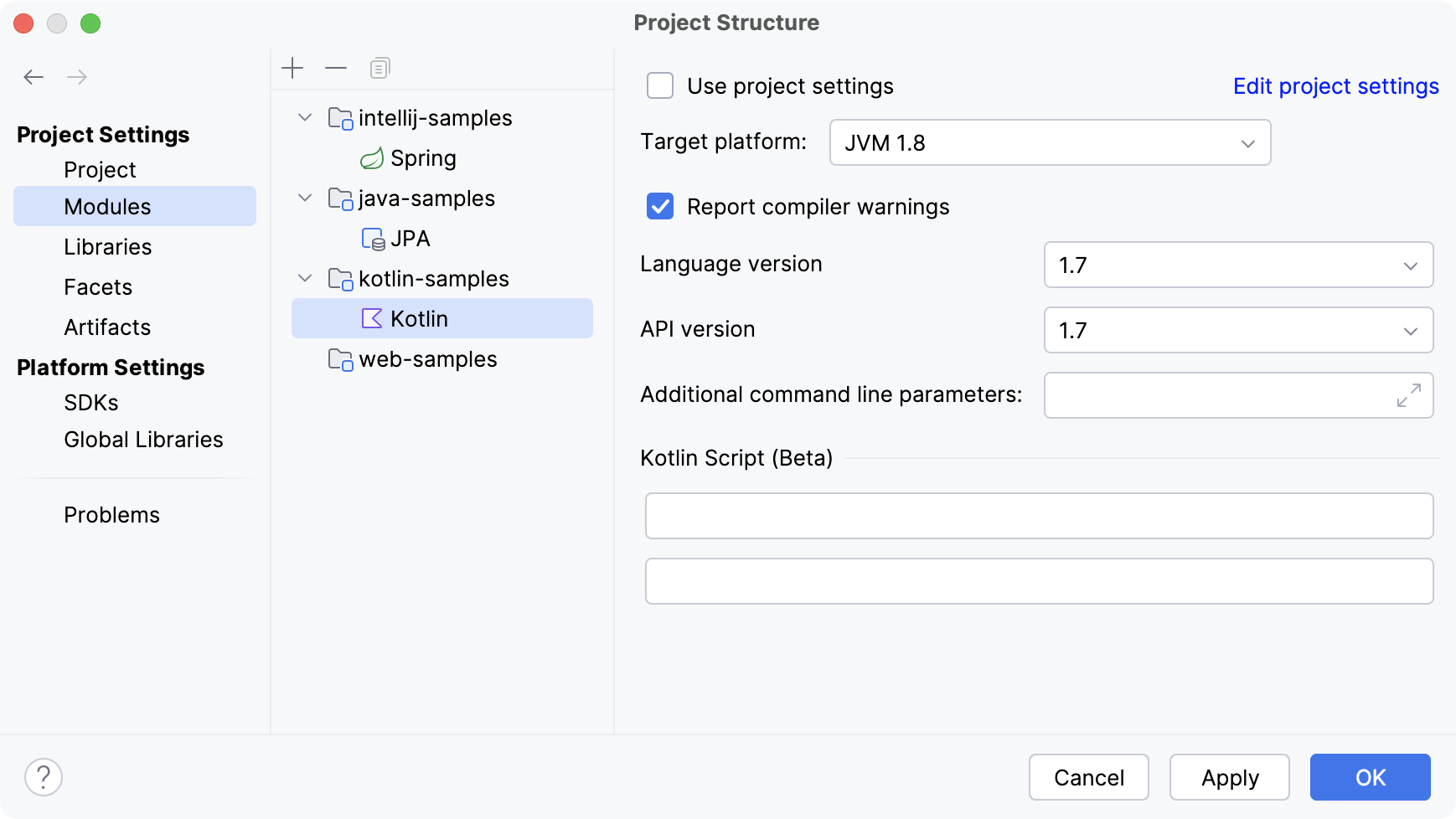 Facets configured for modules in Project Structure dialog