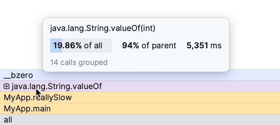 A tooltip with details appears on hovering a frame in the flame graph