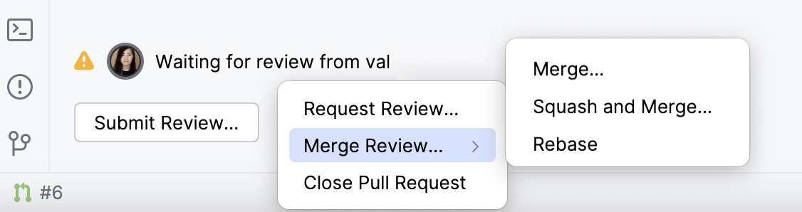 Merge options available before submitting review