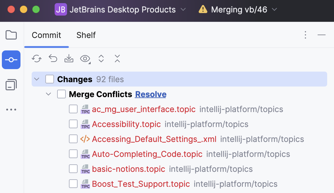 The Merge Conflicts node in the Local Changes view