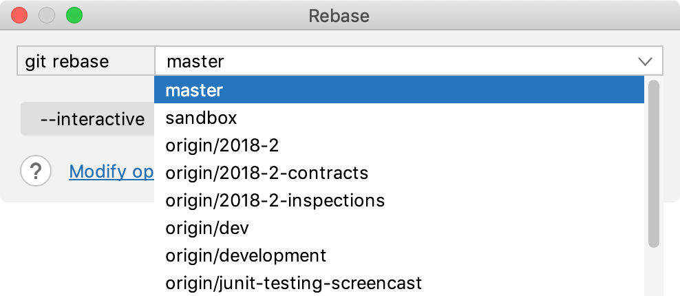 Choose target branch in the Git rebase dialog