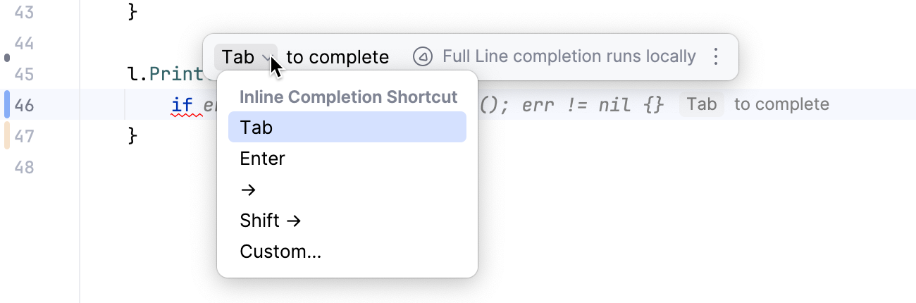 Full line code completion popup
