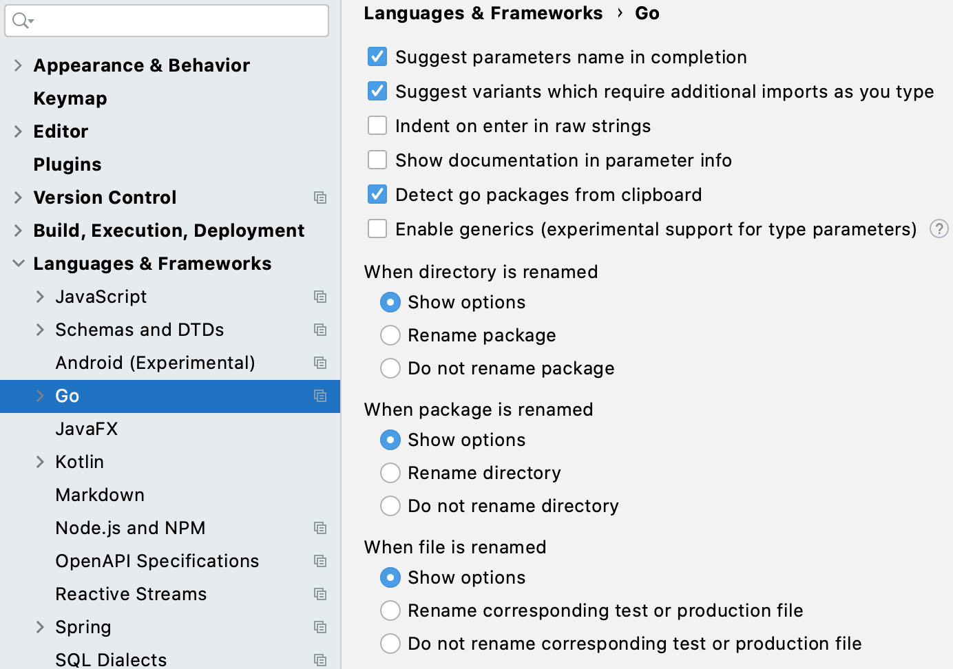 General settings for go