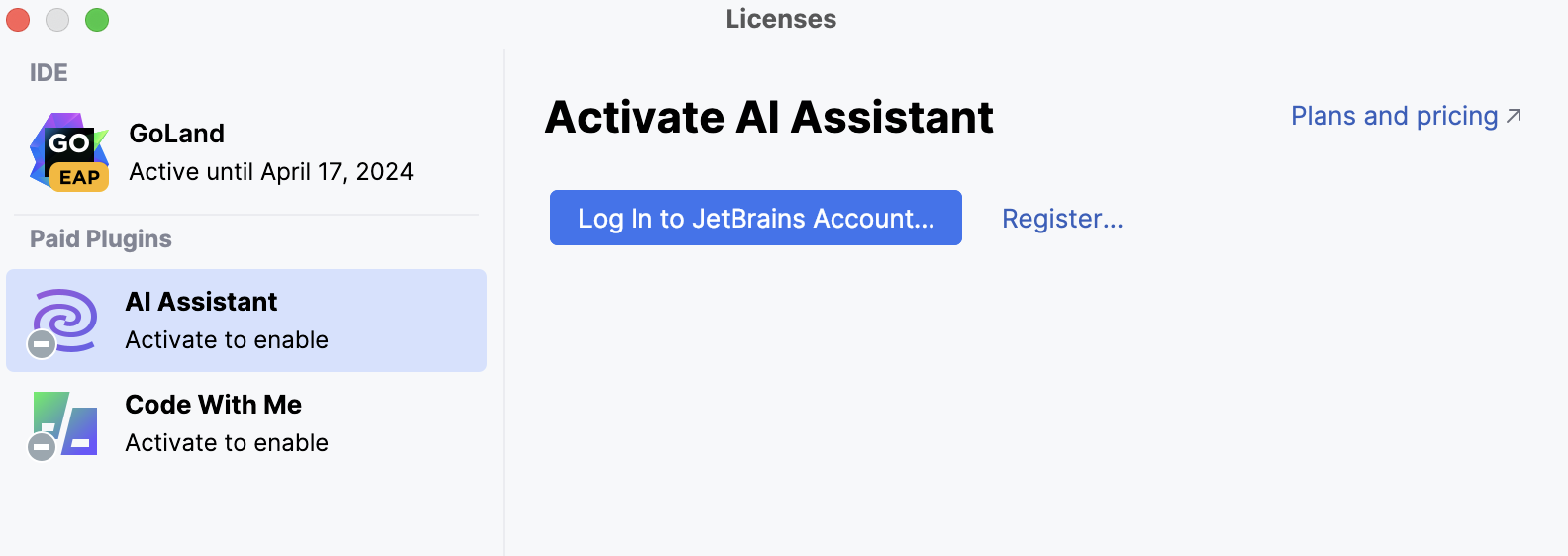 Licenses dialog with an option to log in to JetBrains account