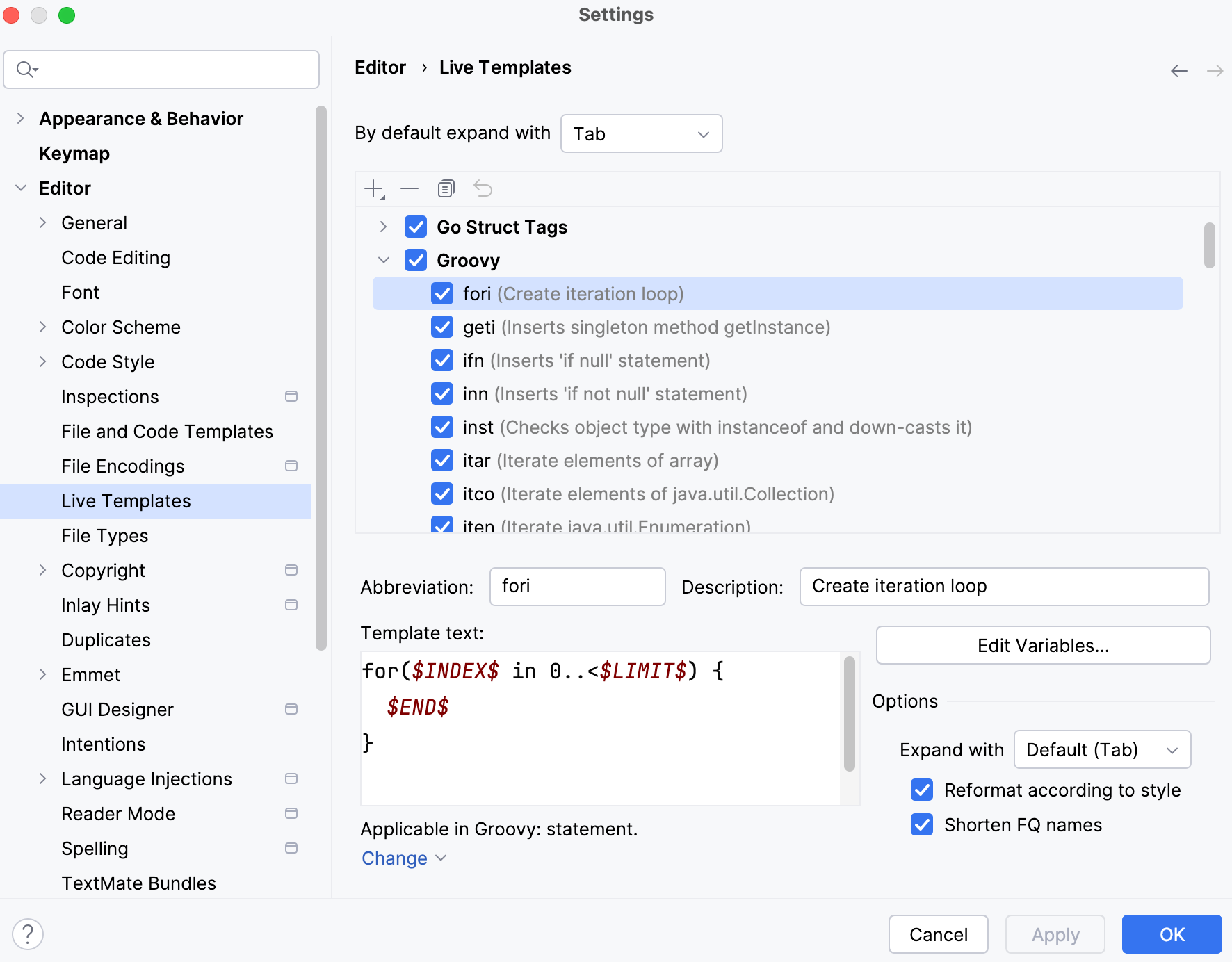 Groovy Live Templates Settings