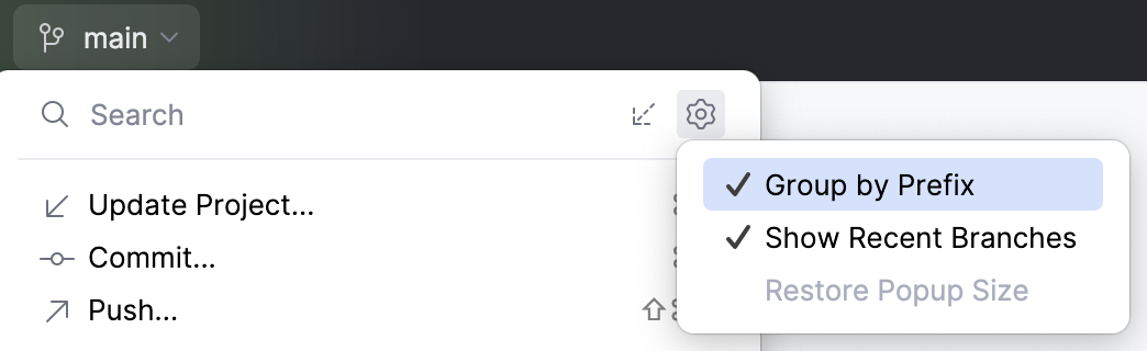 Group by Prefix option in the Branches popup