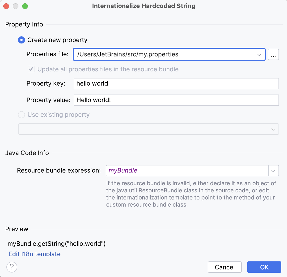 The Internationalize Hardcoded String dialog