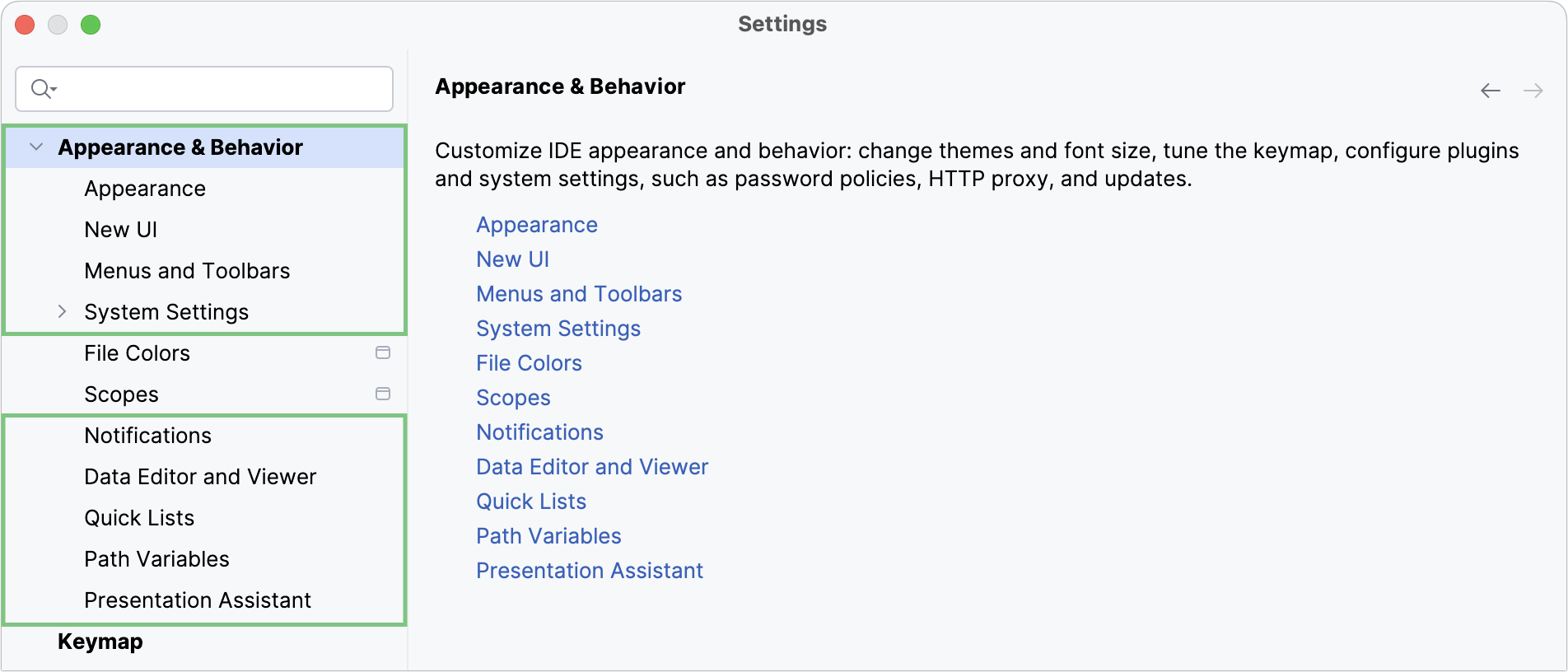 Global settings marked in the Settings dialog