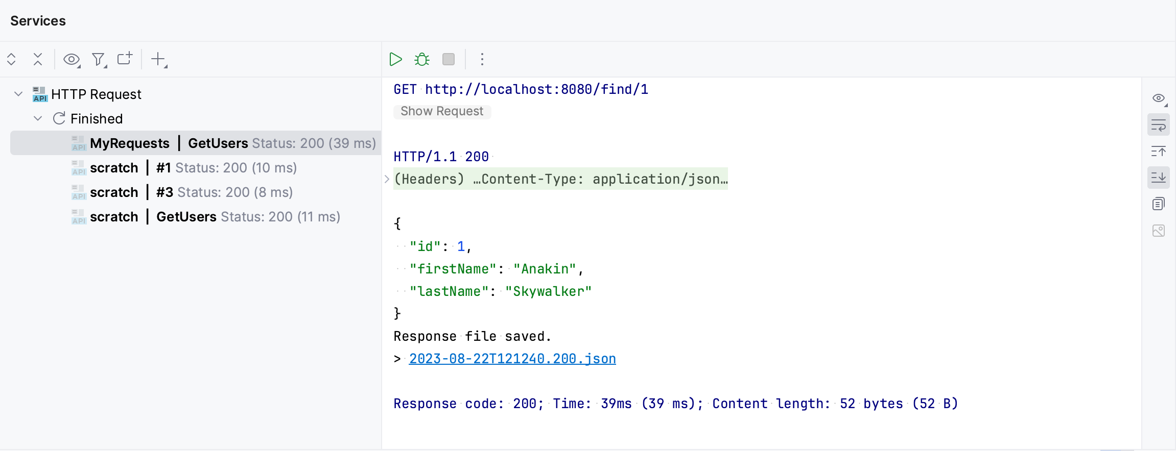 HTTP response in the Services tool window