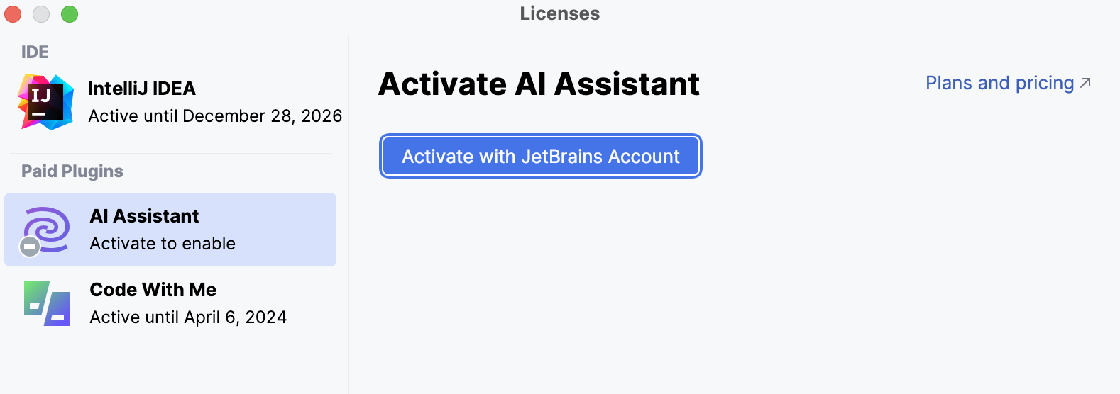 Licenses dialog with AI Assistant activation option