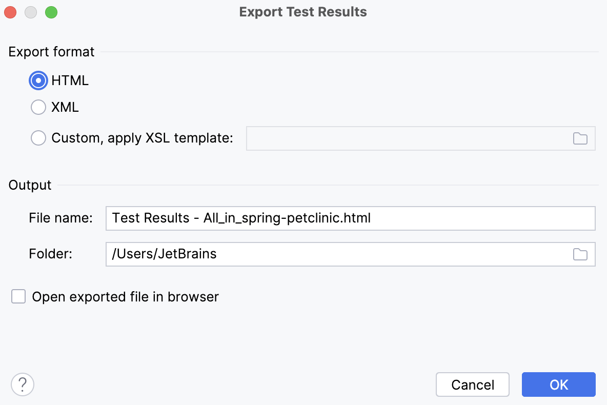 Exporting test results to a file