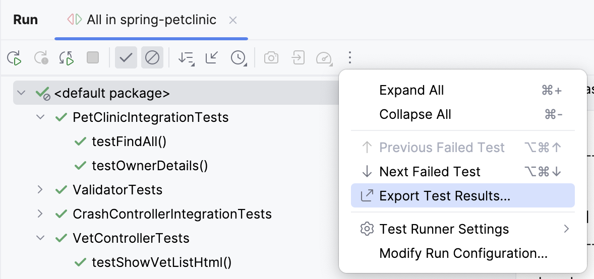 Using the test results toolbar to export test results