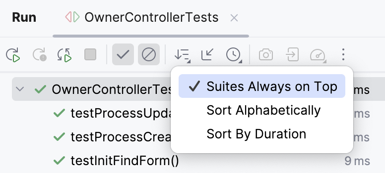 Filter test results options in the tests results toolbar