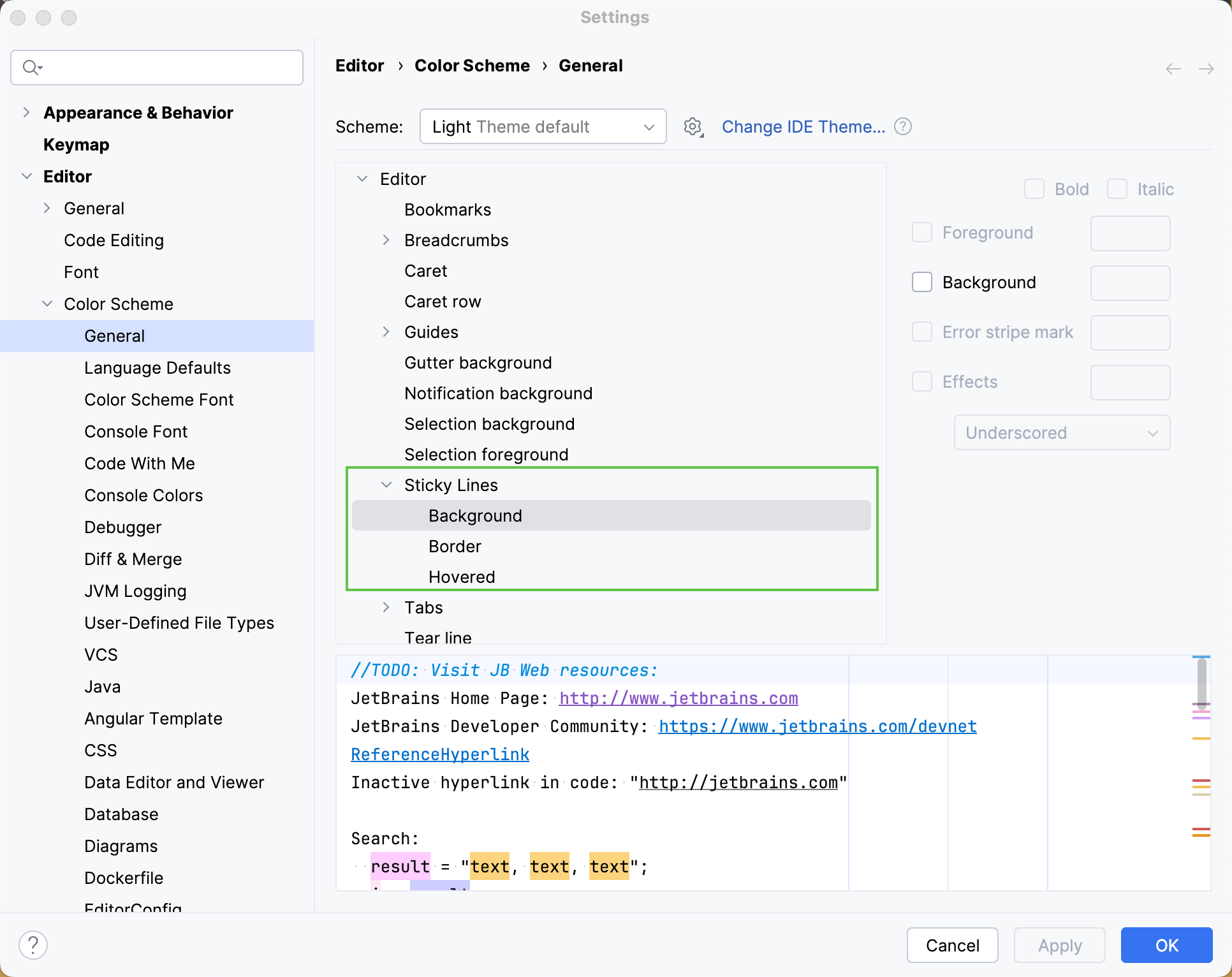 Sticky lines color scheme settings