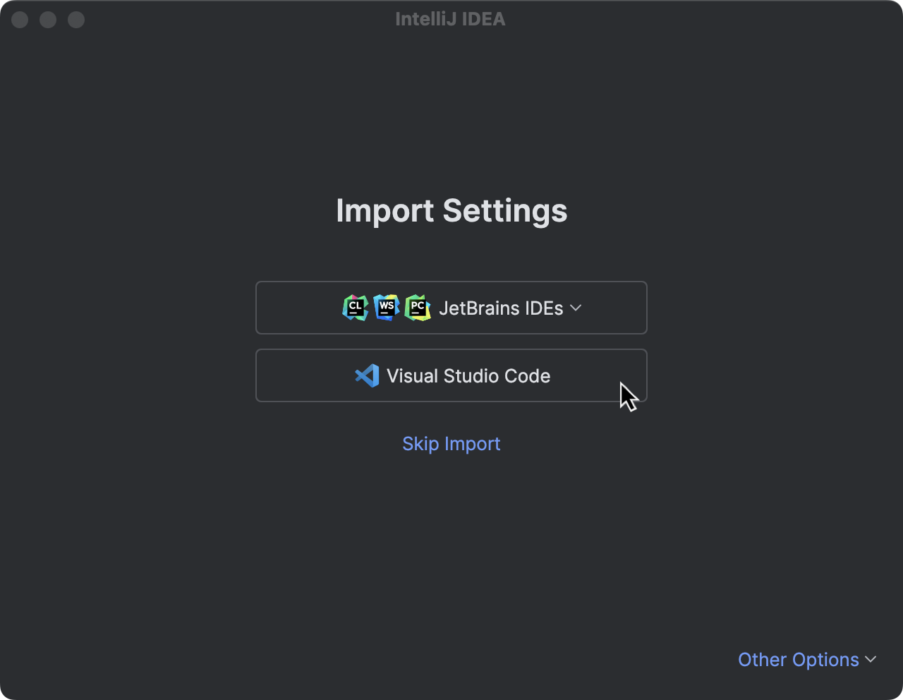 The Import Settings dialog with the cursor on the Visual Studio Code button