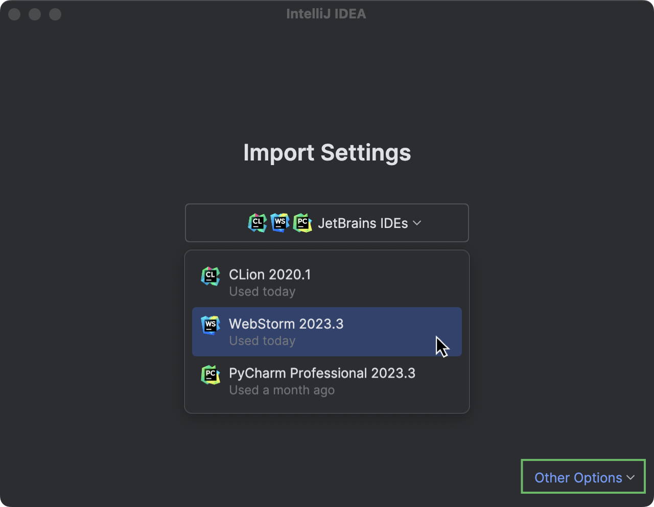 The Import Settings dialog with the opened drop-down list