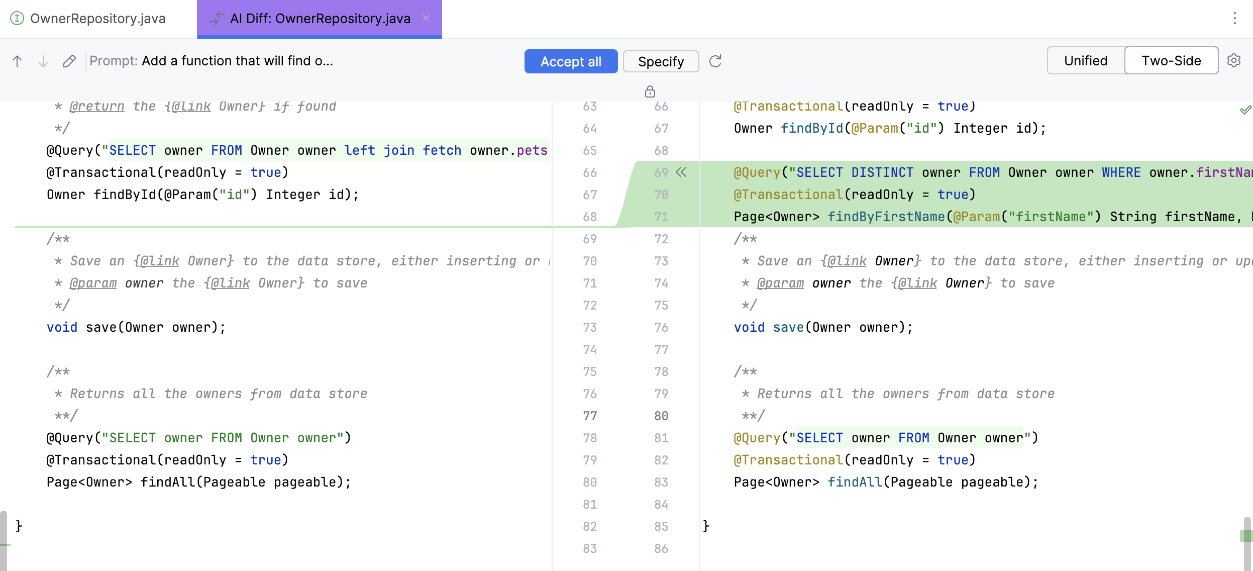 Generated code in diff tab