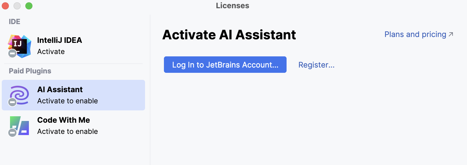 Licenses dialog with an option to log in to JetBrains account