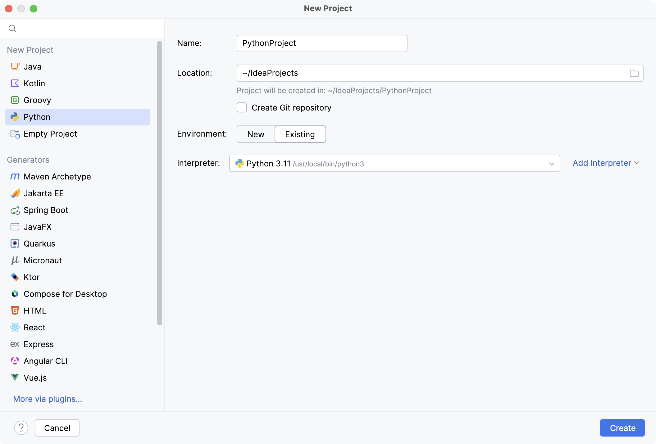 New Python project: existing interpreter