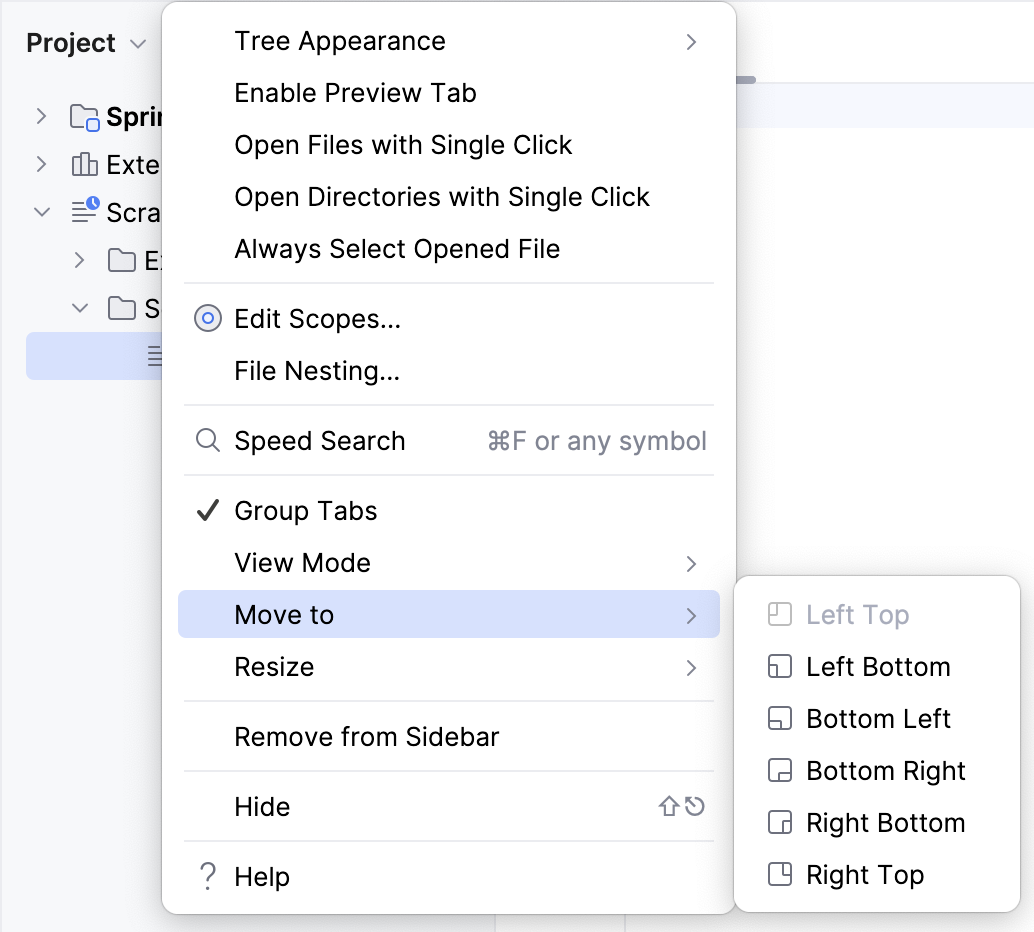 Tool window options menu: Move to