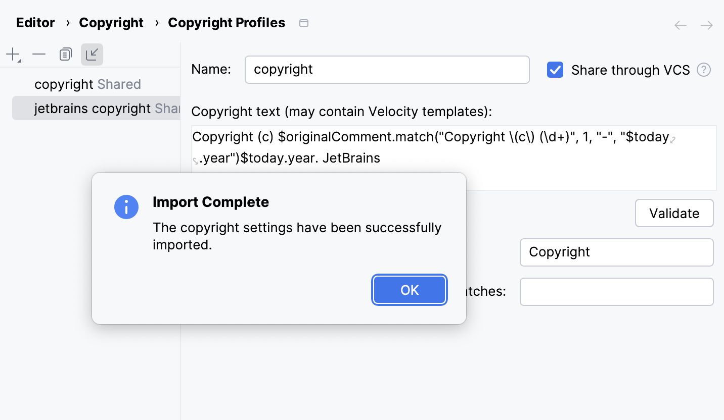 Popup confirming that copyright profile is imported