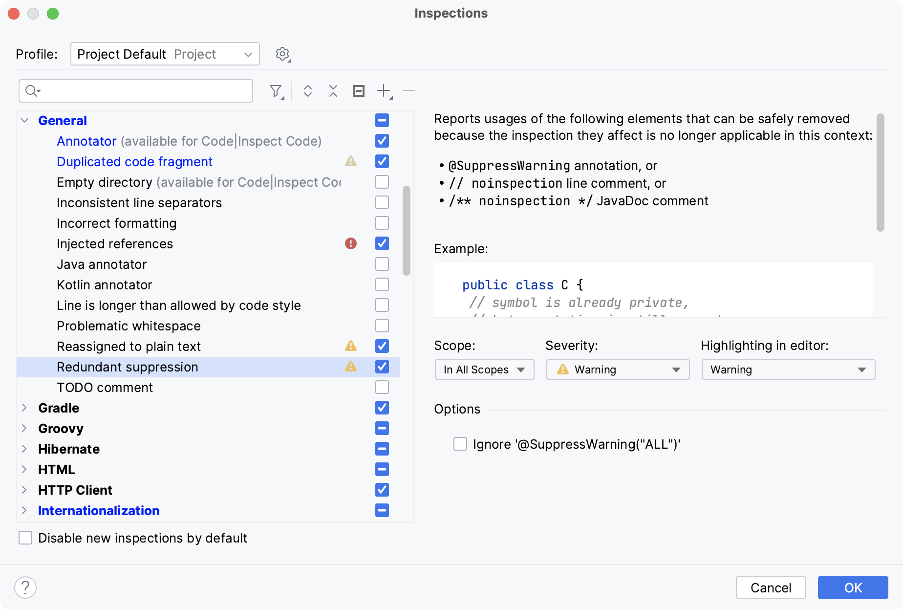 The list of inspections and their settings