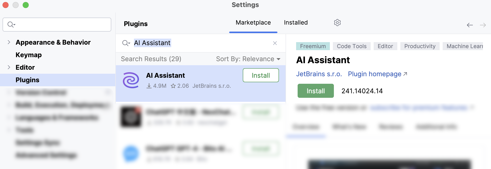 AI Assistant in the list of available plugins in the marketplace