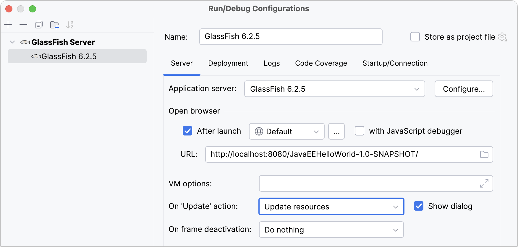Configure application update actions in the GlassFish run configuration
