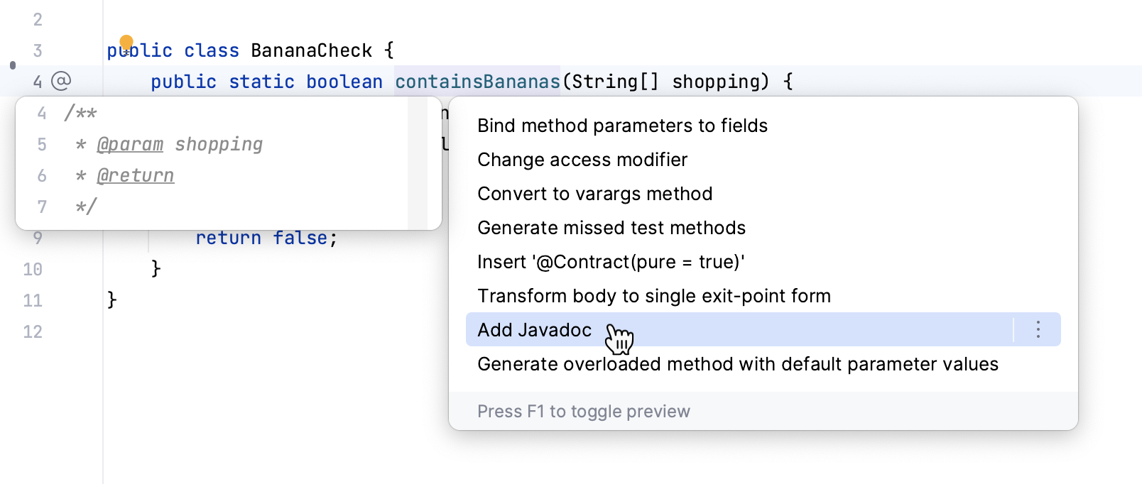 Adding a Javadoc using the 'Add Javadoc' context action