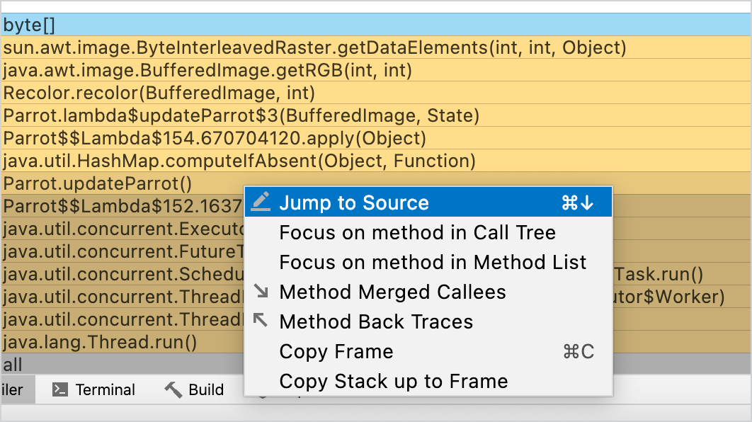 Jump to Source menu item for a frame in the flame graph